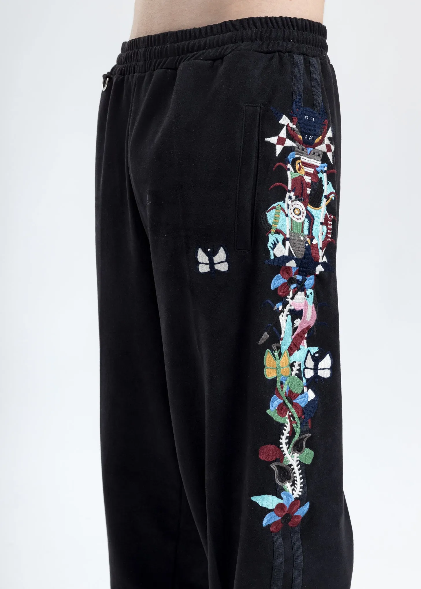 Black Chaos Embroidery Suede Track Pants