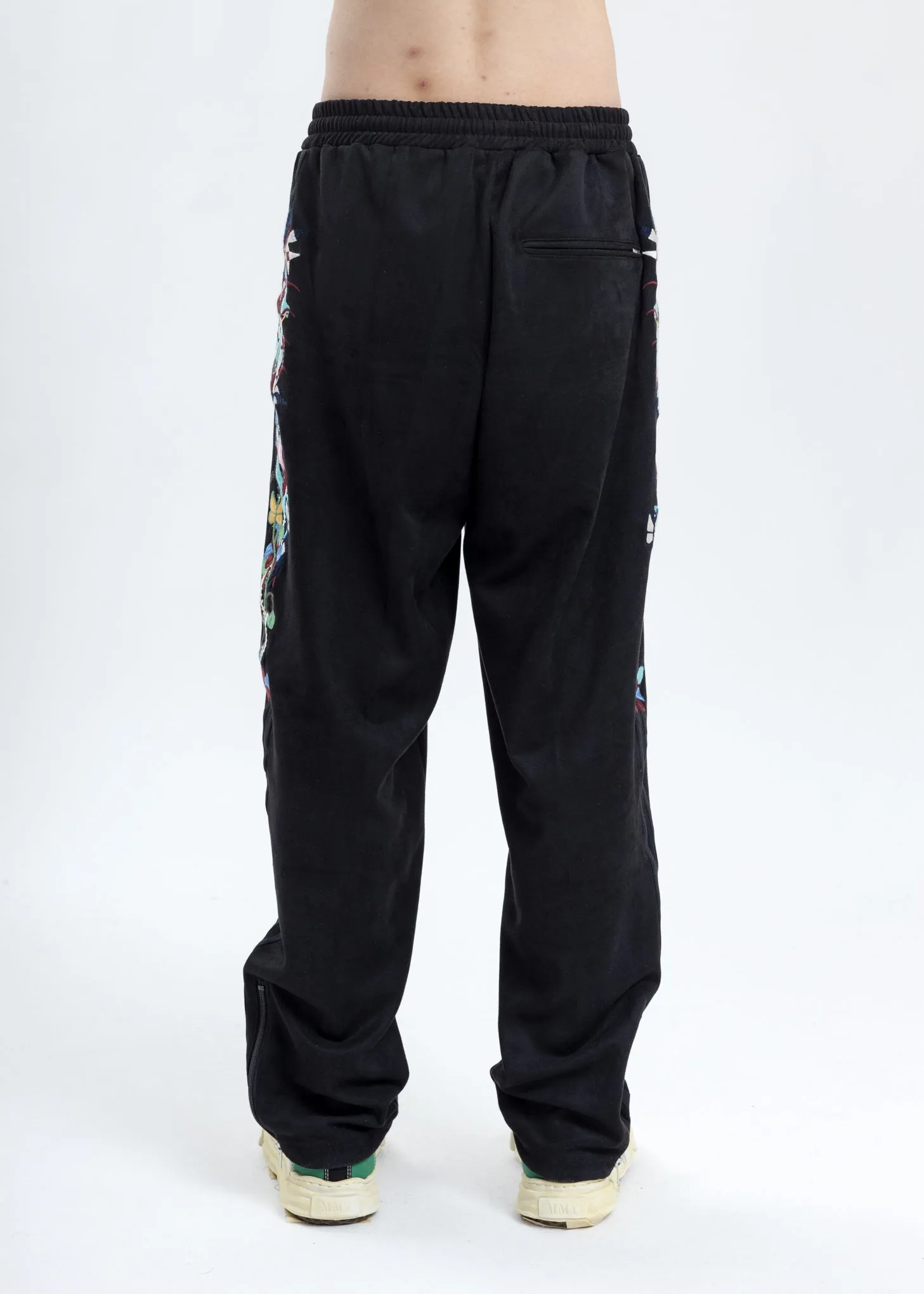Black Chaos Embroidery Suede Track Pants
