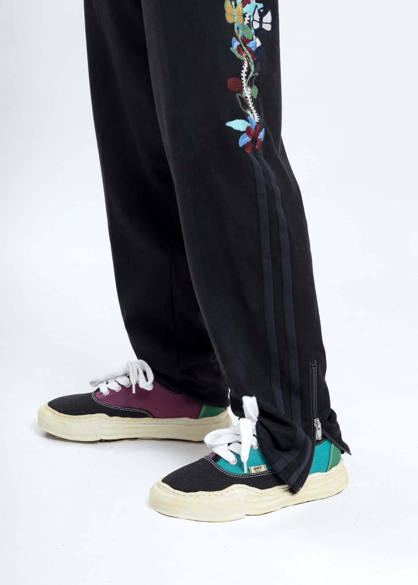 Black Chaos Embroidery Suede Track Pants