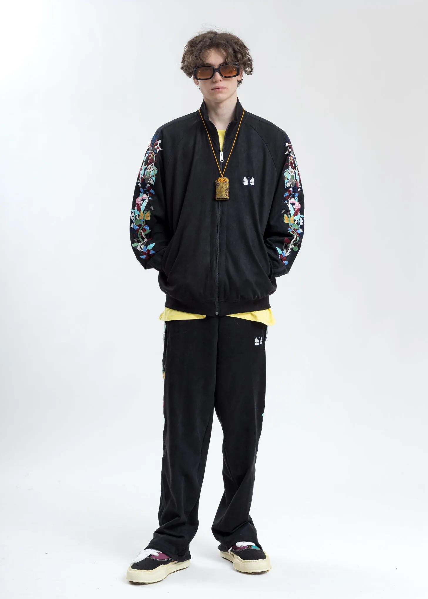 Black Chaos Embroidery Suede Track Pants