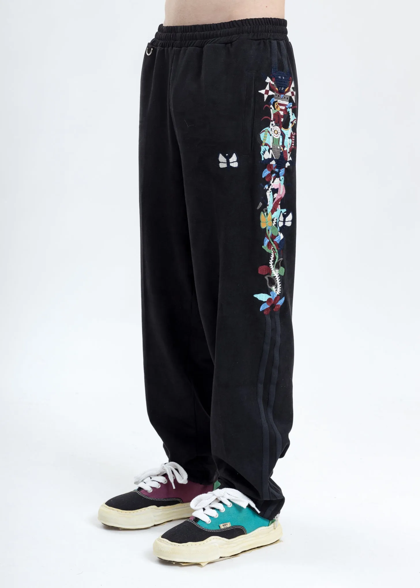 Black Chaos Embroidery Suede Track Pants