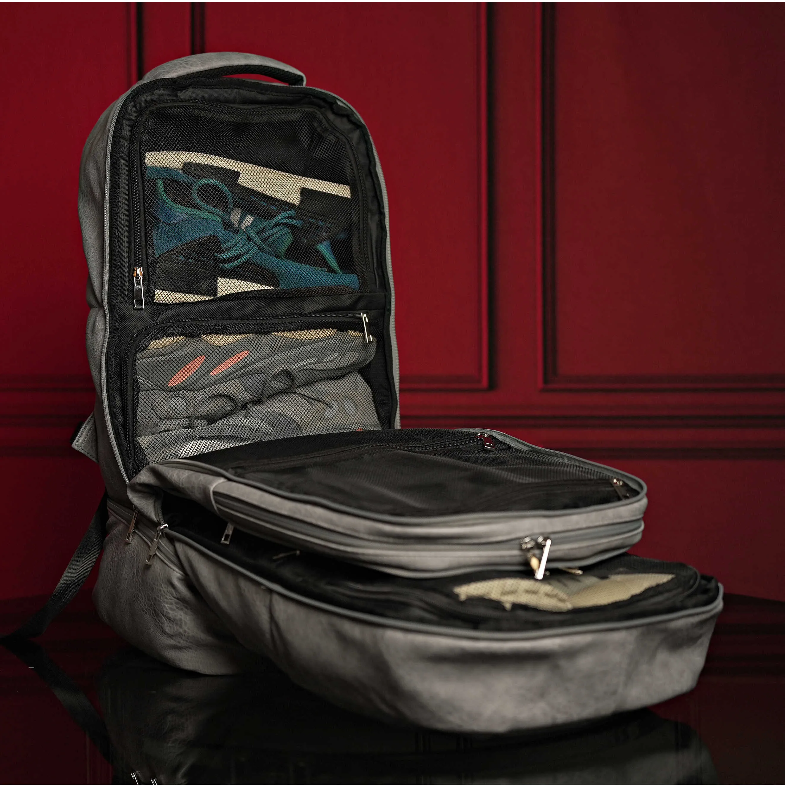 Grey Leather Luxury Carry-On Backpack (Patented Signature Design)