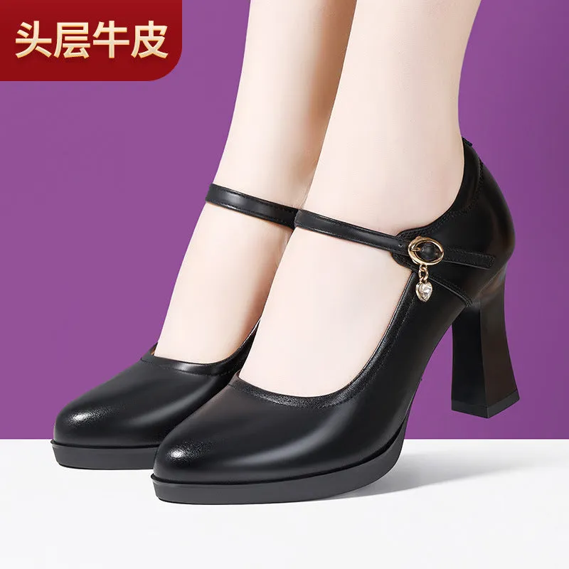 kamames Cheongsam Performance, Catwalk Training, Single Shoes, Women's Leather, Thick Heels, Comfortable Middle Heel, Soft Soles, Mother's Work Shoes.