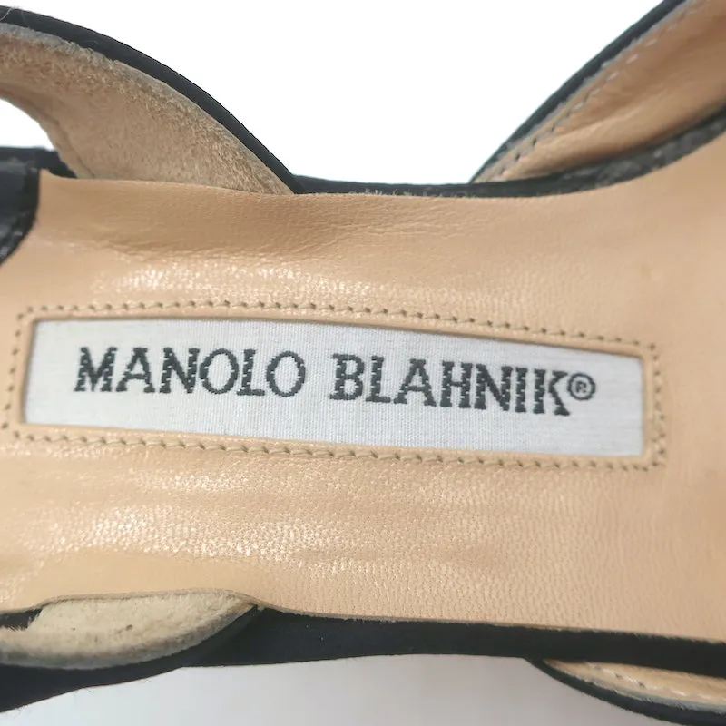 Manolo Blahnik Carolyne Kitten Heel Slingback Pumps Black Satin Size 38.5