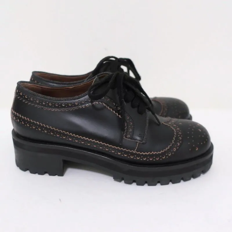 Marni Lug Sole Wingtip Oxfords Black Leather Size 36