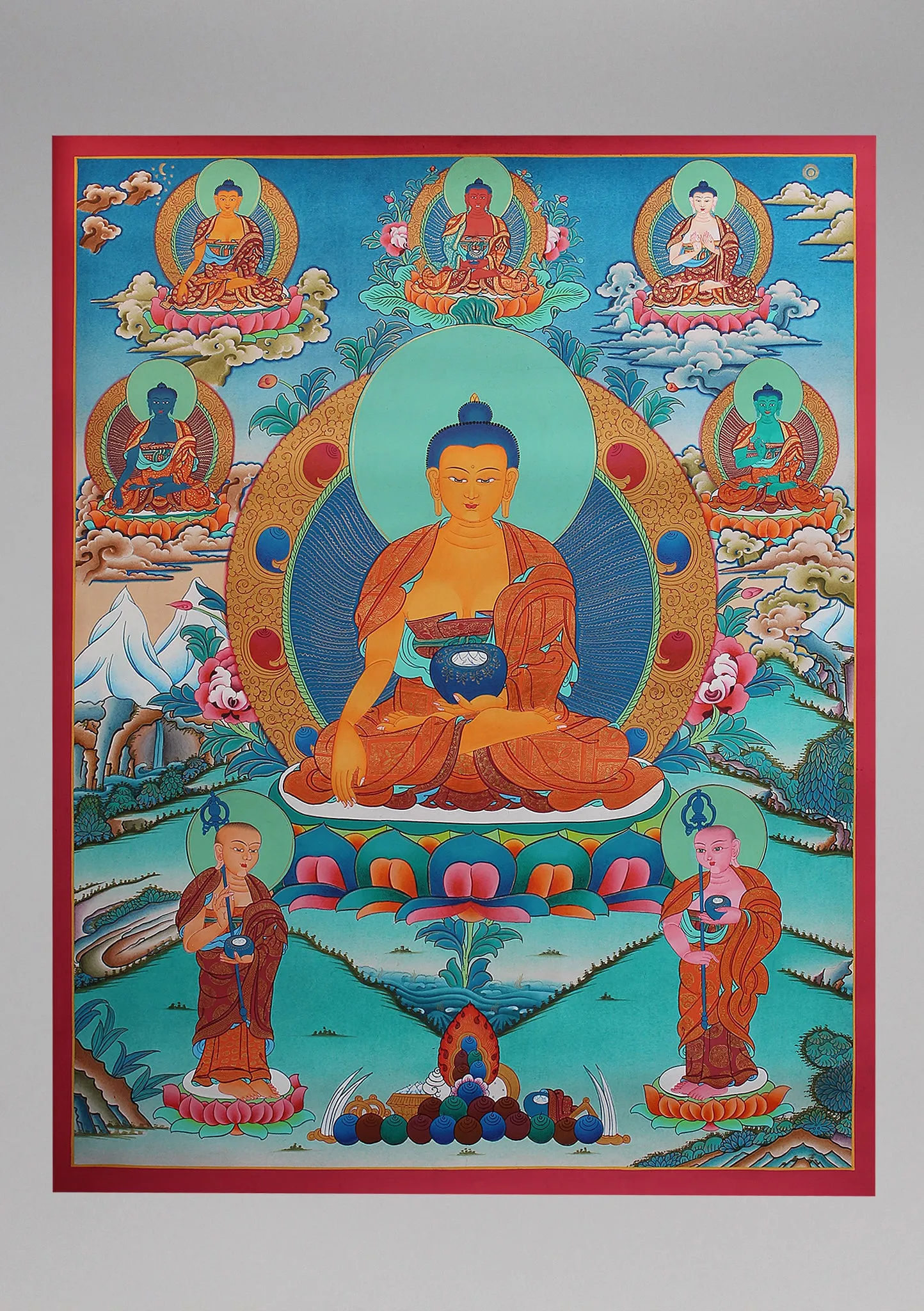 Shakyamuni with Five Dhyani Buddha Thangka Art