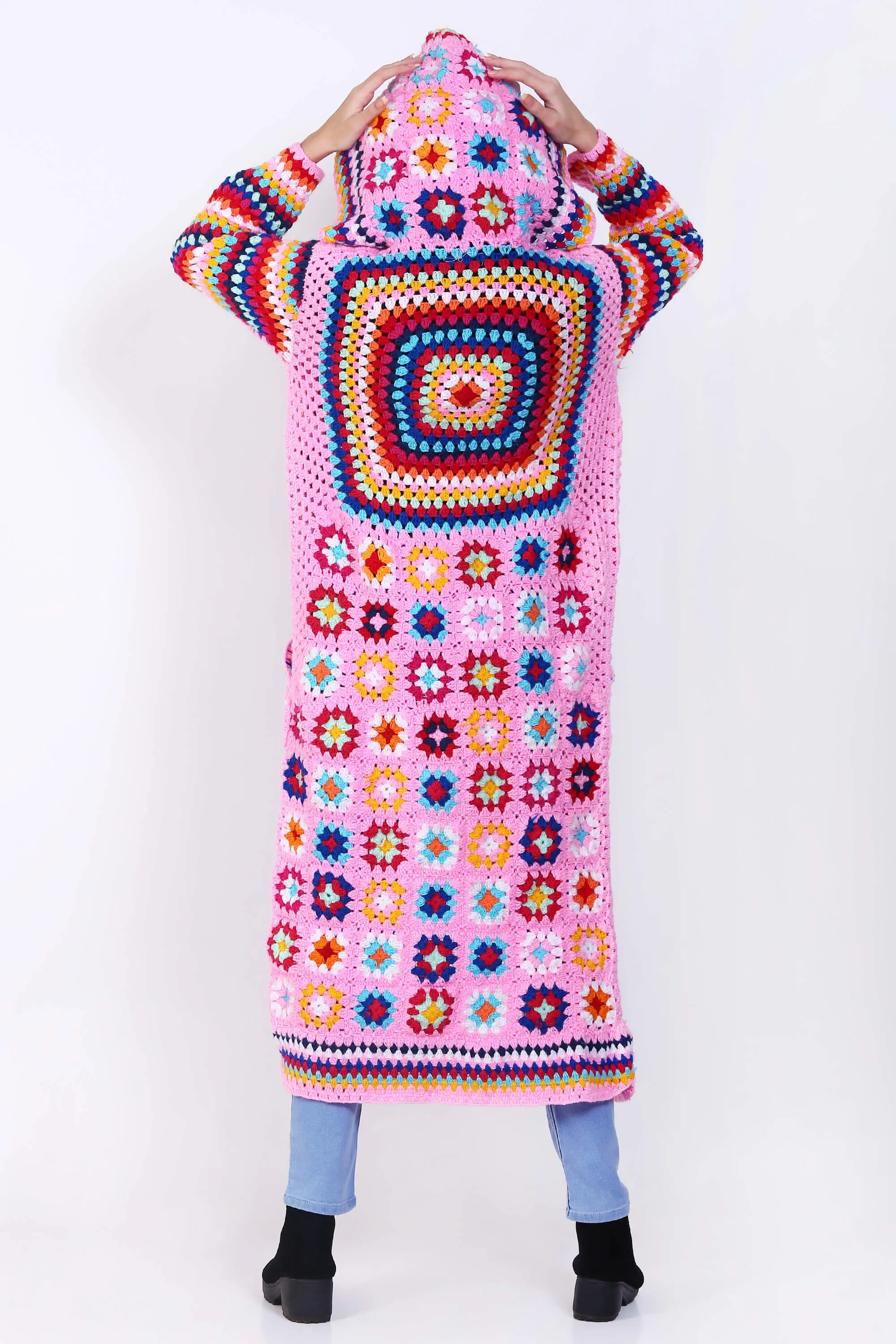 Womens Long Hooded Crochet with Pockets