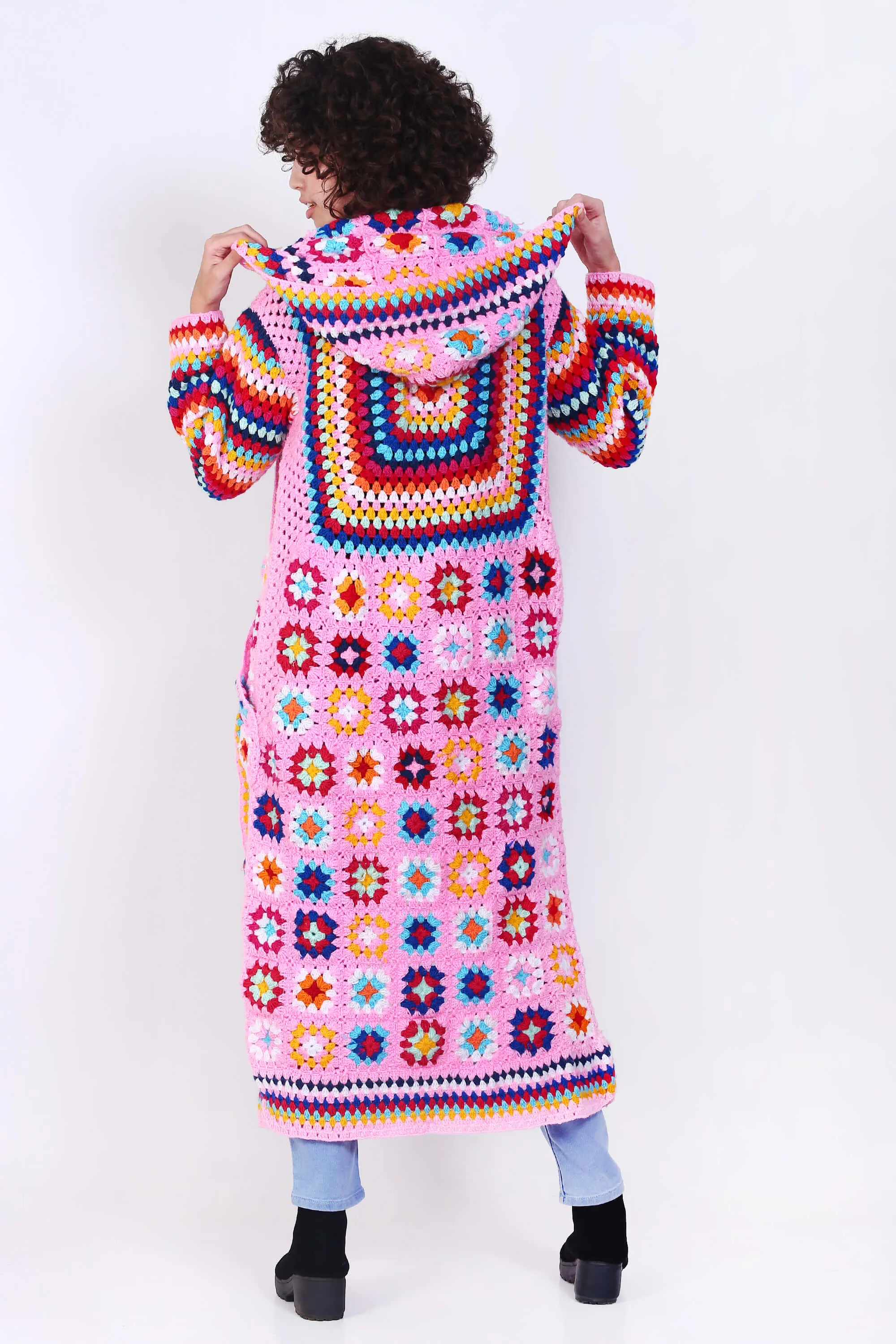 Womens Long Hooded Crochet with Pockets